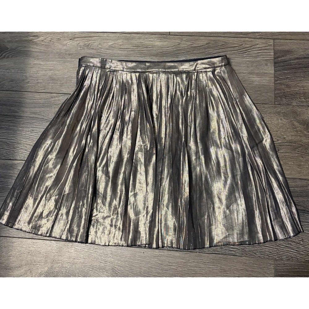 Tory Burch Audra Metallic Pleated Mini Skirt Gold Silver Sz 6 Silk Quiet Luxury
